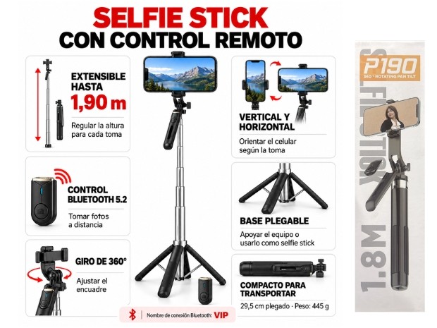 &ua TRIPODE  CELULAR Y GOPRO + BT 1,8MTS P190